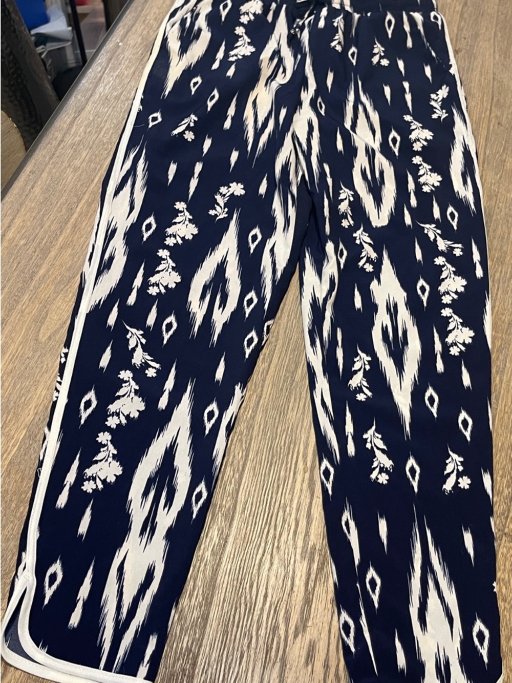 Xhilaration Navy and White Ikat-Print Pull-On Pants, Size Small